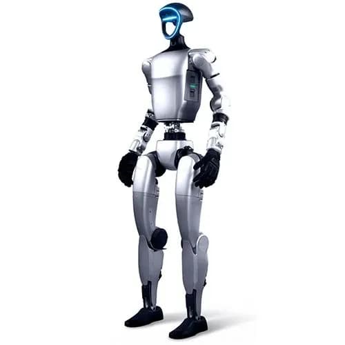 Двуногий гуманоидный робот G1 от Unitree Robotics с двумя руками, оканчивающимися чёрными перчаточными кистями с пятью пальцами. Лицо в форме рамки с синей подсветкой оснащено камерами и датчиками.