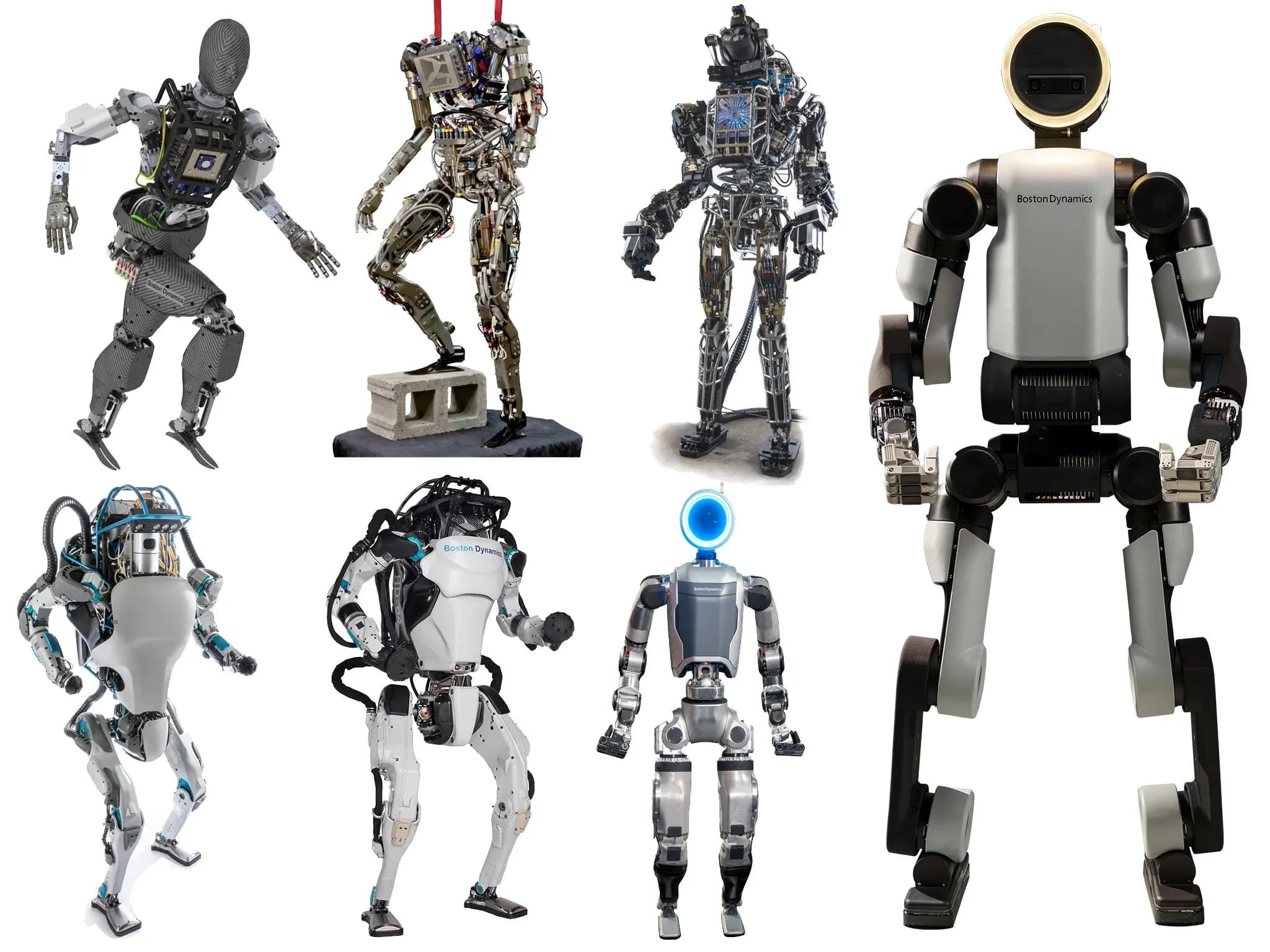 Подборка из семи фотографий разных версий гуманоидного робота Atlas от Boston Dynamics.
