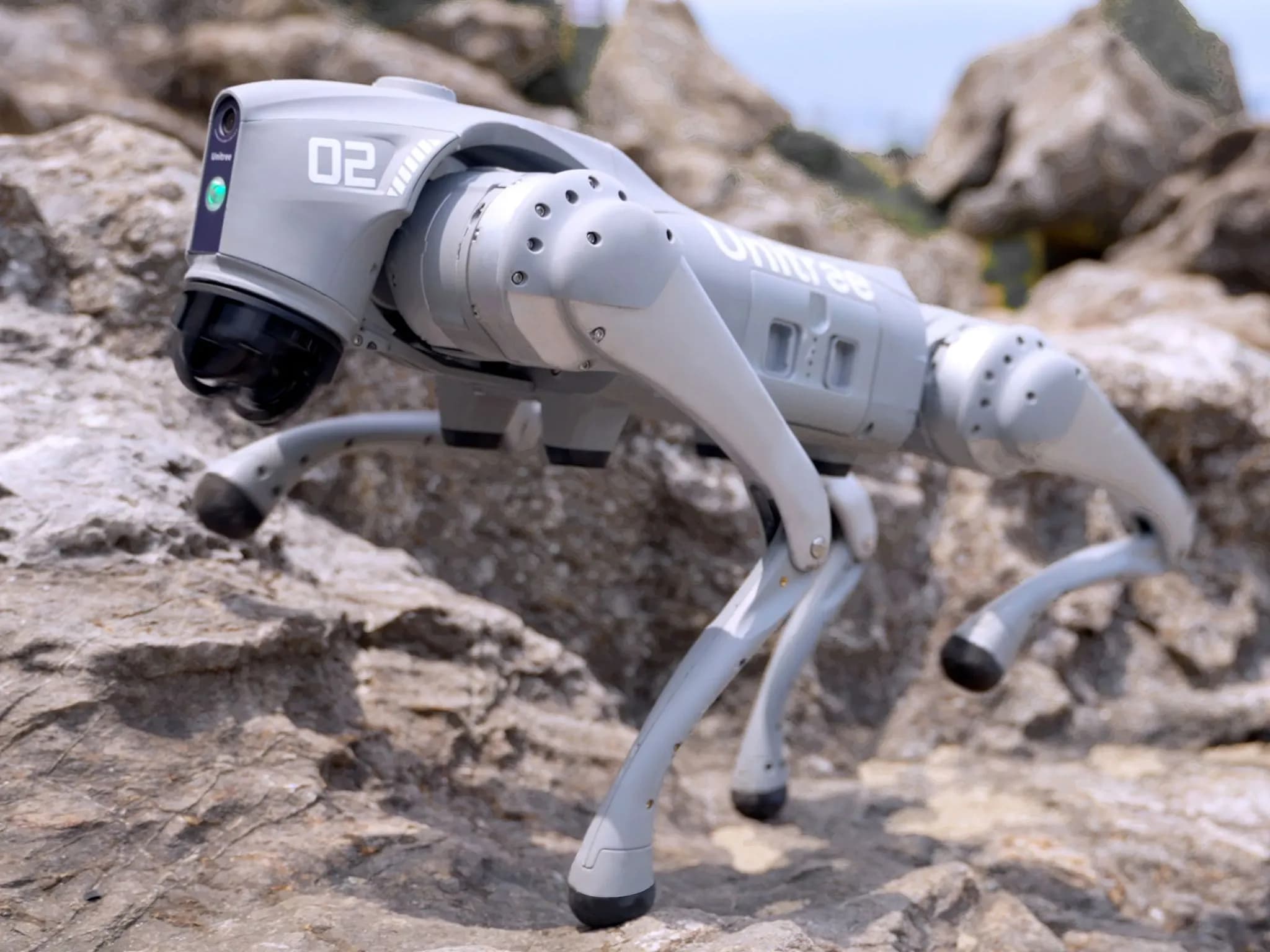 Серебристый четвероногий робот Go2 от Unitree Robotics карабкается по каменистой поверхности. На голове видны камеры и датчики.