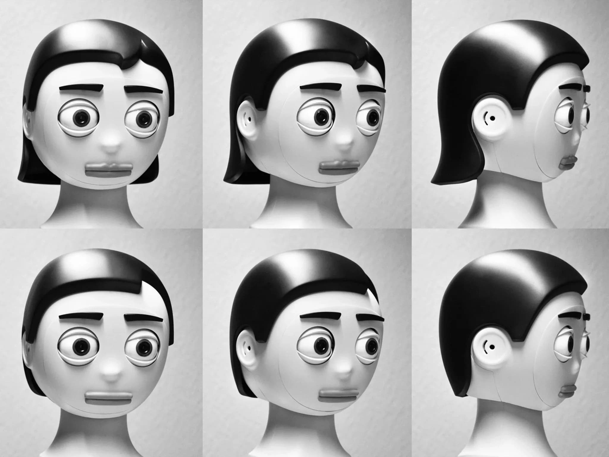 Шесть чёрно-белых изображений Flobi с разными причёсками и элементами лица.