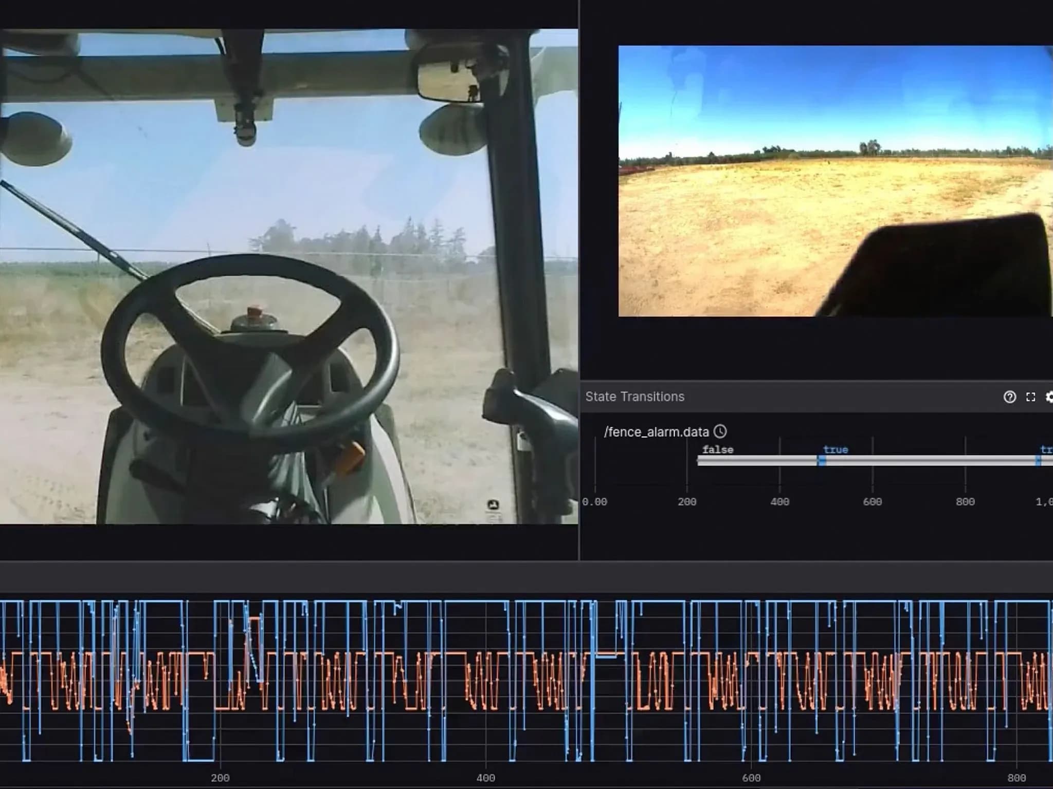 Скриншот с видом из кабины автономного трактора Farmonacci от Polymath Robotics.
