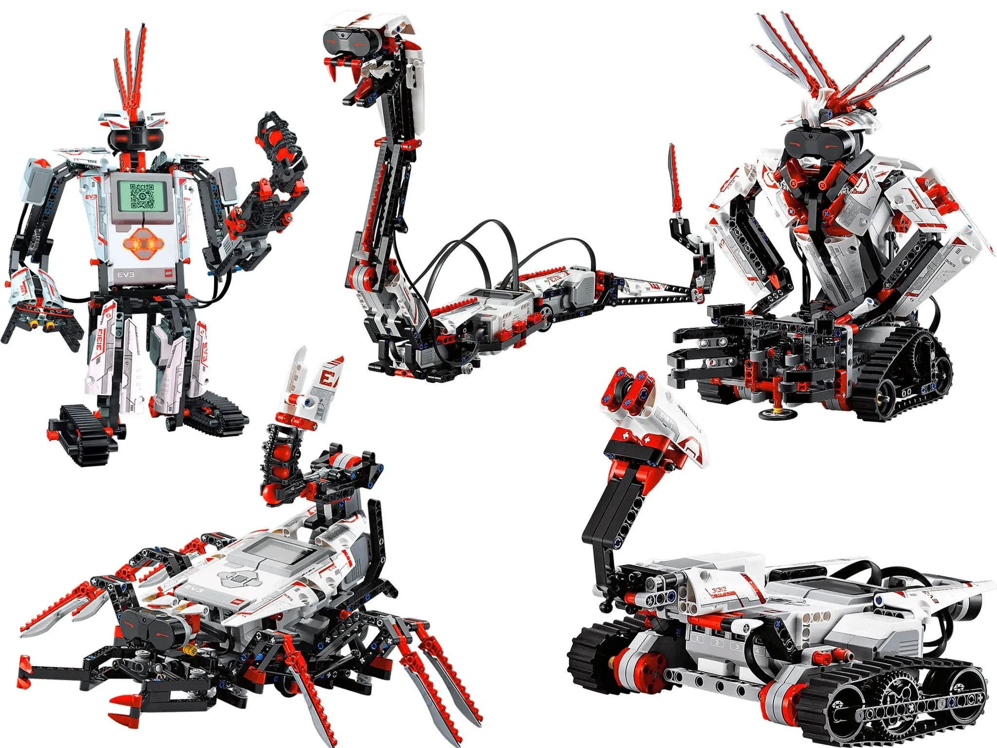 Кубики Lego в сочетании с программируемым блоком питания, моторами и датчиками образуют пять конфигураций: гуманоид, змея, скорпион и другие.